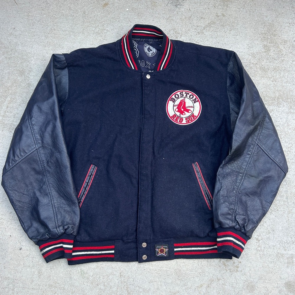 JH Design Boston Red Sox Varsity Jacket Mens Navy Wool Leather Reversible Vtg